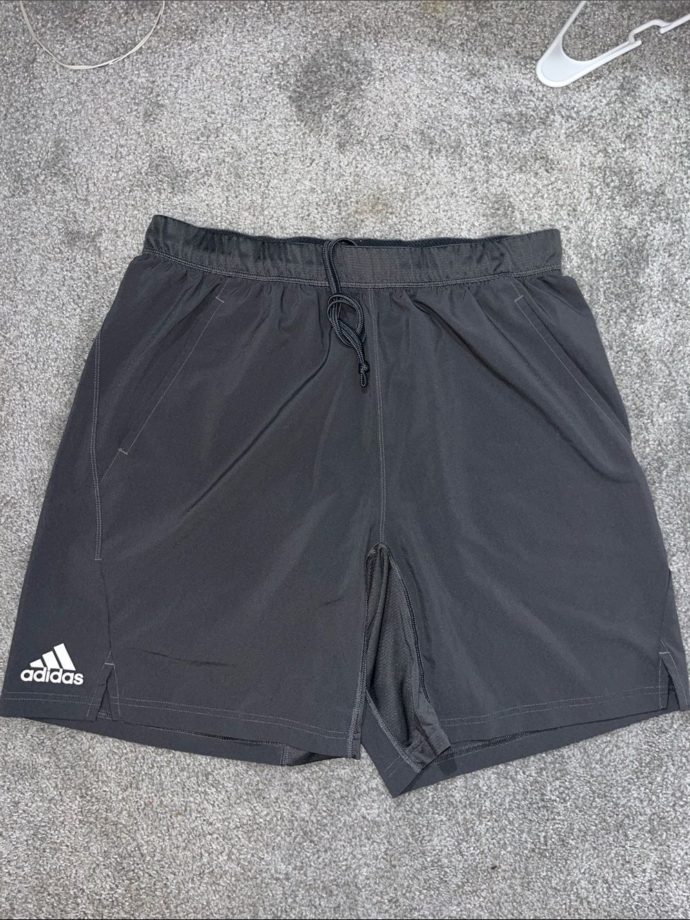 Gray Adidas soccer practice workout shorts side pockets lightweight player model